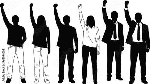 Diverse Group of People Raising Fists in Solidarity and Protest Silhouette Vector Illustration