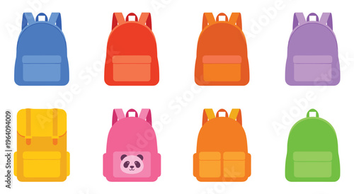 Collection of colorful school backpacks for children and students.
