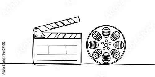 A simple continuous line drawing of a movie clapperboard and a film reel on a plain white background