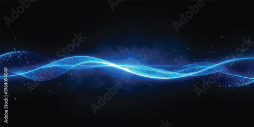 An abstract blue wave design with glowing light and motion patterns creates an energetic fractal illustration featuring a dark space backdrop and flowing plasma rays