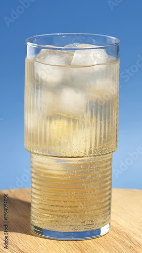 Glass with healthy, flavored fresh sparkling kombucha. Iced fizzy drinks, and summer vibes. Close-up footage on the rotating table.