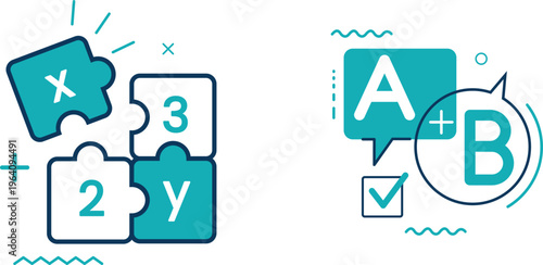 Puzzle pieces representing algebraic equations and logical operations in a digital format