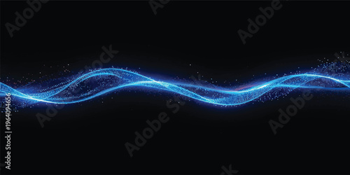 A dynamic blue abstract wave design features futuristic light lines and fractal energy patterns against a dark digital backdrop