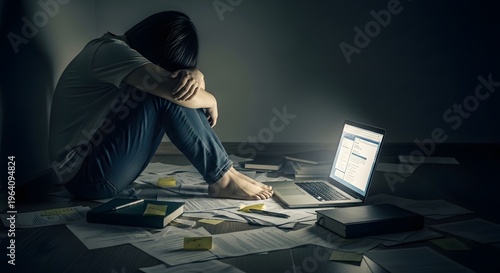 Depressed person sitting alone in dark room with laptop with evokes feelings