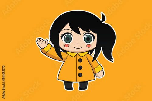 Cute Chibi Girl Waving Hand Wearing Yellow Raincoat - Cartoon Character Vector