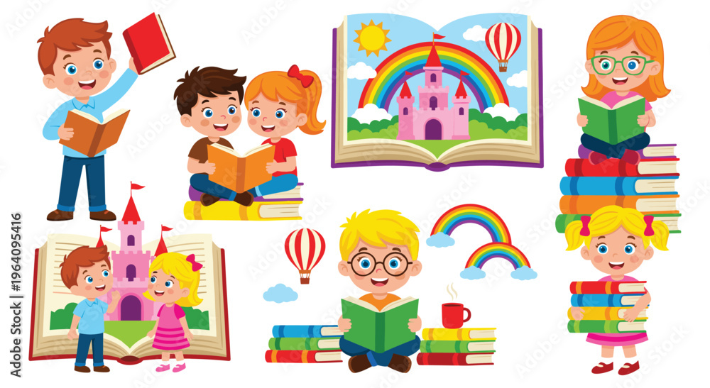 Fototapeta premium Children reading books and enjoying fantasy castle and rainbow scenes.