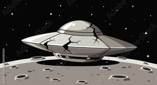 crashed ufo flying saucer rests on a desolate moon surface after an alien crash evoking science fiction and space exploration concepts