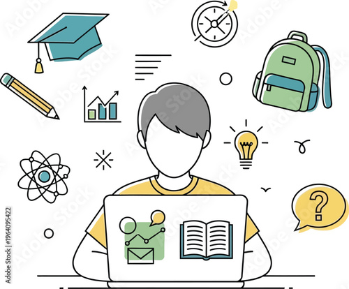 Student learning online with laptop, surrounded by education icons