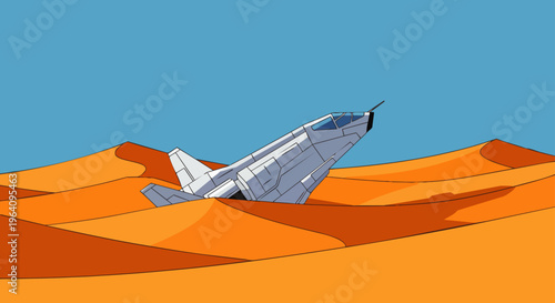 futuristic spacecraft crash landed in golden desert sand dunes under a clear blue sky illustrating a sci-fi adventure.