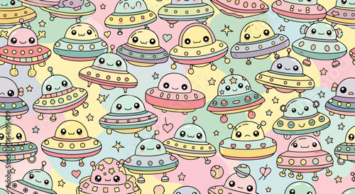 kawaii ufo seamless pattern featuring cute pastel flying saucers and happy alien spaceships on a colorful background.