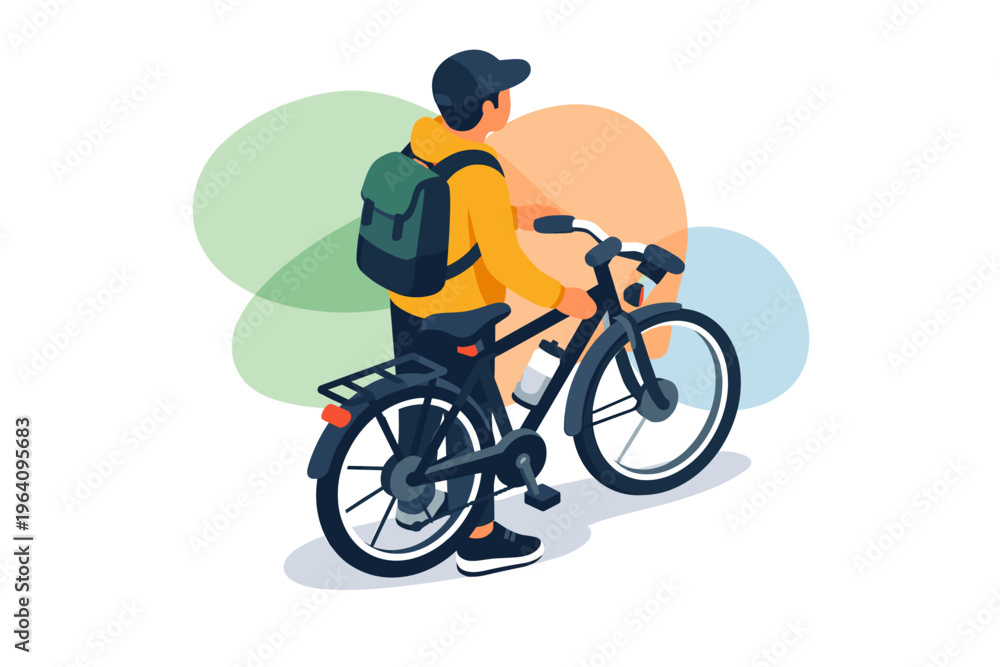 Fototapeta premium Man with Backpack Riding Bicycle Outdoors.