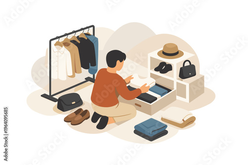 Man organizing clothes and accessories in a room.