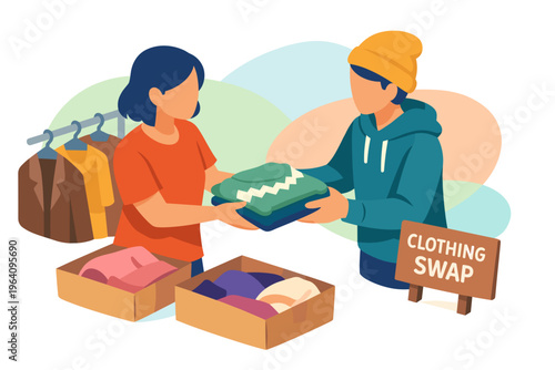 People exchanging clothes at a clothing swap event.