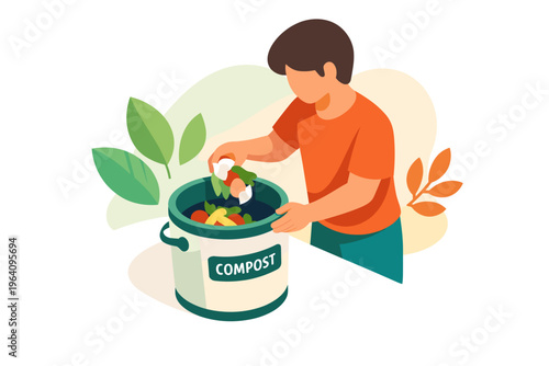 Person composting food waste in a compost bin illustration.
