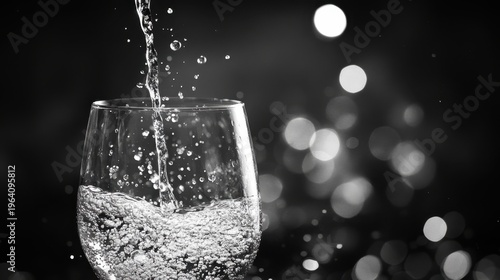 Pouring Water Into Glass with Bubbles and Light Effects