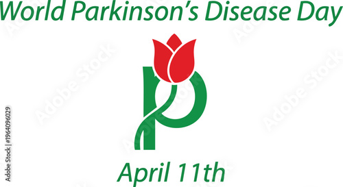 World parkinsons disease day logo with a red tulip flower and green letter p
