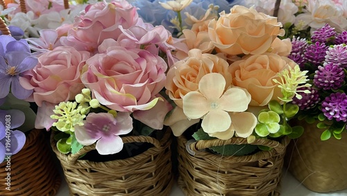 Schilderij op canvas Decorative Silk Flower Arrangements in Baskets