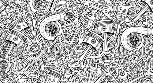 Monochrome automotive parts pattern, detailed car engine components and tools doodle, mechanical turbocharger and piston vector background