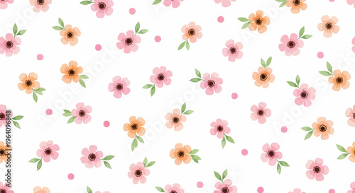 Dainty floral seamless pattern with pink and orange flowers, delicate spring blossom vector background, feminine botanical textile print