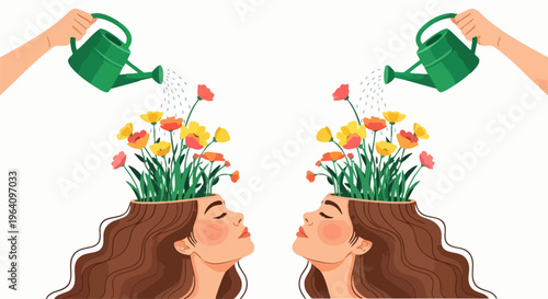 Mental health concept vector, woman with flowers growing from head being watered, self care and psychological growth illustration, mindfulness art