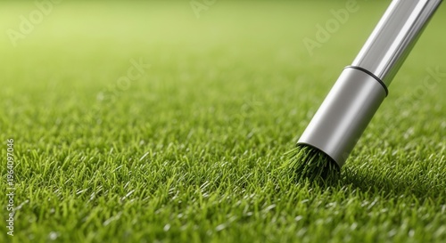 A vacuum cleaner s metal pipe in use tidying a carpet made from natural green grass will symbolize ecological awareness with copy space image