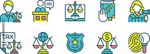 Illustrations depicting various legal and judicial professions and concepts
