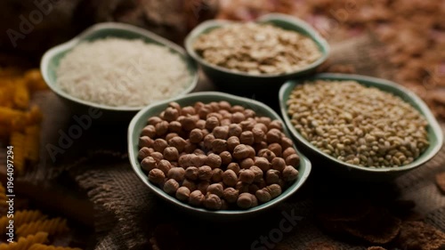 Close-up of carbohydrate-rich foods on a table, including bread, rice, wholegrain flakes, oats, wheat and corn pasta. Carbs Food.