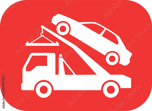 A tow truck is shown lifting a car onto its platform against a red background.