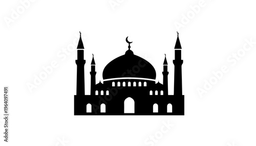 Black Silhouette of an Islamic Mosque with Minarets and Dome