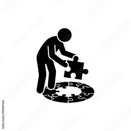 Minimalist icon of a person assembling a circular jigsaw puzzle