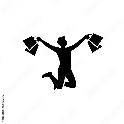 Silhouette of a happy man jumping with shopping bags