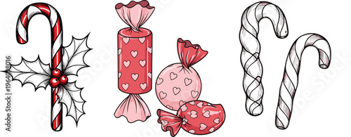 Christmas Candy Cane and Sweet Candies Vector Illustration Set with Holiday Candy Canes and Wrapped Sweets Clipart Collection