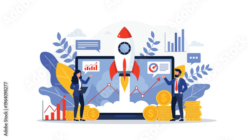 Business startup launch concept with rocket taking off from laptop and team monitoring growth and financial success.