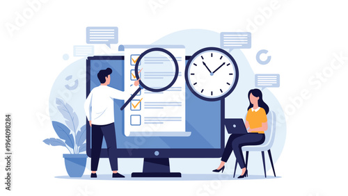 Project management team tracking tasks and deadlines with digital checklist magnifying glass and wall clock symbols.