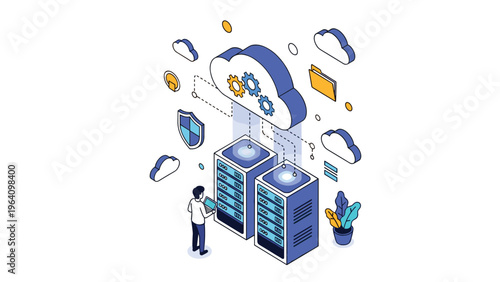 Cloud computing and database management concept showing servers connected to a digital cloud for efficient data storage and processing.