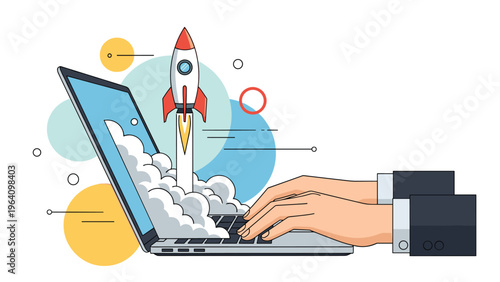 Business startup launch concept featuring a rocket ship taking off from a laptop keyboard as a person types to represent growth.