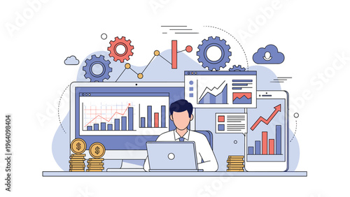Professional data analyst monitors financial growth and performance charts on multiple digital screens to optimize business strategies.
