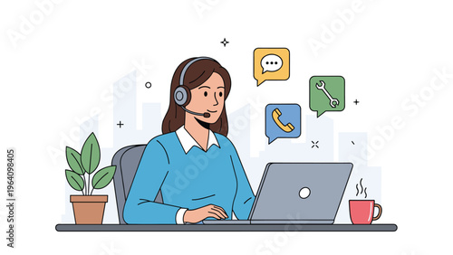 Friendly female customer support representative wearing a headset works on a laptop to provide technical assistance and service.