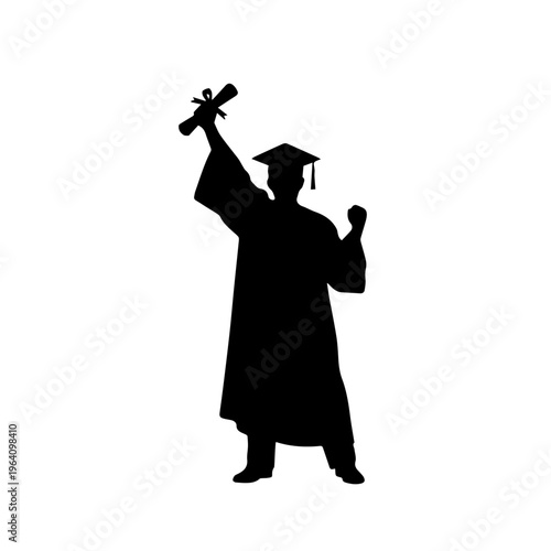 Silhouette of a joyful graduate holding a diploma on white background