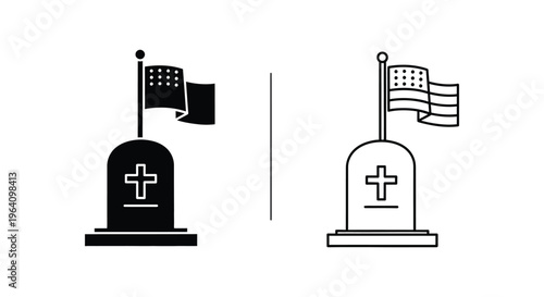 Grave, tombstone, memorial icons, cemetery symbols, American flag