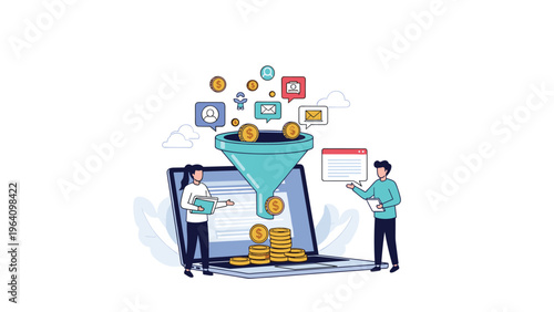 Sales team analyzes the marketing funnel on a laptop screen to convert digital leads and social engagement into successful revenue.