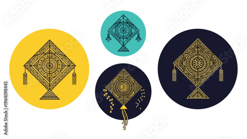 Beautiful collection of traditional Indian kites with intricate gold patterns displayed on vibrant circular backgrounds for a festival.