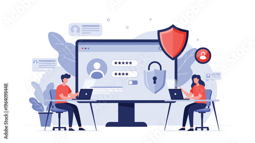 Secure user authentication and login process on a large monitor with people working on laptops to ensure high level of cyber security.