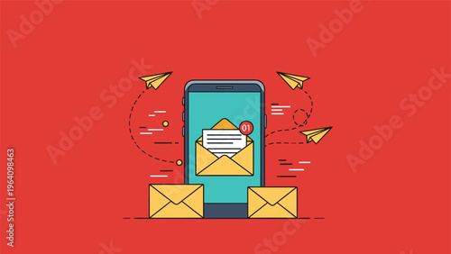 Mobile email marketing notification on a smartphone screen with flying paper planes representing fast communication and messaging.
