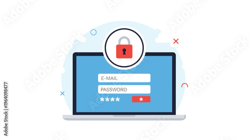 Personal computer login screen display with an email field and password box secured by a red padlock icon for data protection.