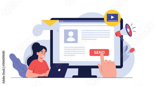 Strategic email marketing campaign being sent from a desktop computer to improve customer engagement and online brand visibility.