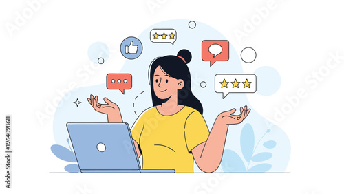 Young woman interacts with customer reviews and social media feedback on a laptop to manage online reputation and user satisfaction.