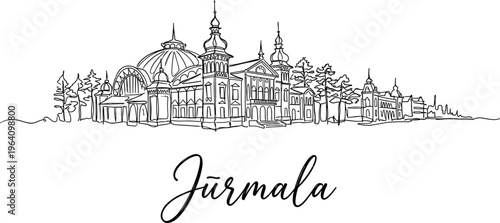 Jurmala city skyline with historical buildings in minimalist continuous line art vector illustration
