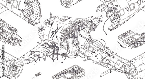 airplane crash aircraft wreckage and plane accident illustrated in a detailed technical drawing of destroyed parts