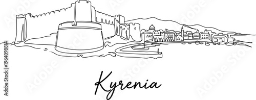 Kyrenia Castle and harbor skyline in continuous line drawing style minimalist vector
